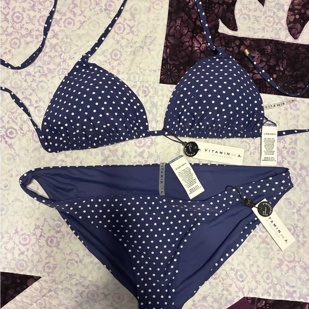Vitamin A Blue and White Polka Dot Reversible Bikini